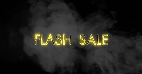 Composition of flash sale text over smoke on black background