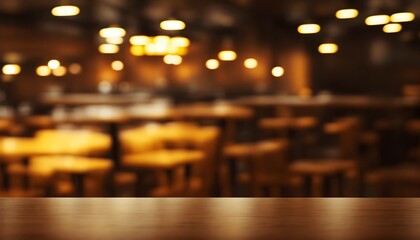 Empty wooden bar table with blurred background, beautiful shelves in bokeh style with bottles of alcohol in the background. Can be used for mounting or demonstrating your products. Bar concept. Ai