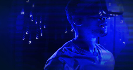 Composition of data processing over african american businessman using vr headset in server room