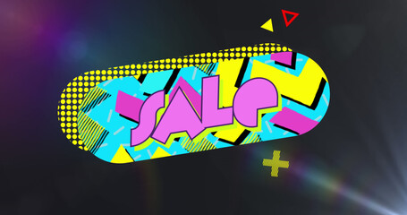 Composition of colorful sale text over light trails on black background