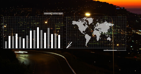 Composition of data processing with world map over cityscape