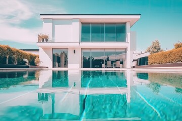 modern house with a swimming pool in the front yard. Generative AI