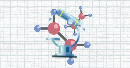 Composition of molecules and microscope over lines on white background