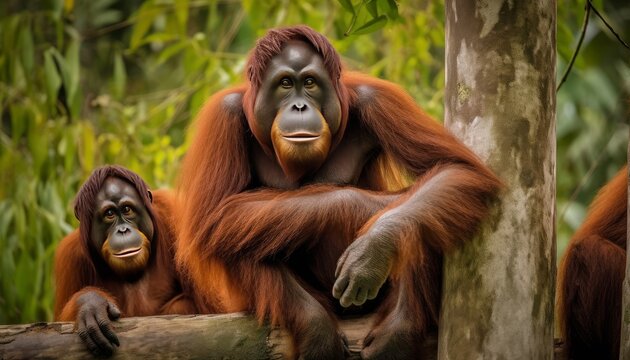 Bunch of Orangutan on a tree branch in a jungle ai, ai generative, illustration