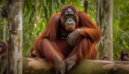 Bunch of Orangutan on a tree branch in a jungle ai, ai generative, illustration