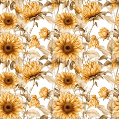 Sunflowers - Seamless Floral Print - Seamless Watercolor Pattern Flowers - perfect for wrappers, wallpapers, postcards, greeting cards, wedding invitations, romantic events.