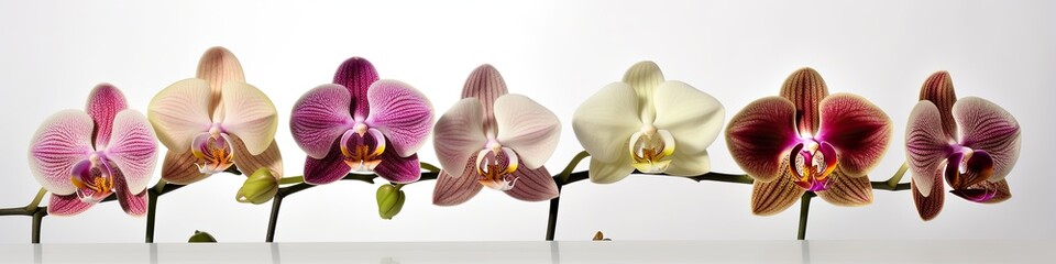 Fototapeta na wymiar Branch of orchids isolated on neutral light background, studio shot, narrow generative ai panoramic floral banner