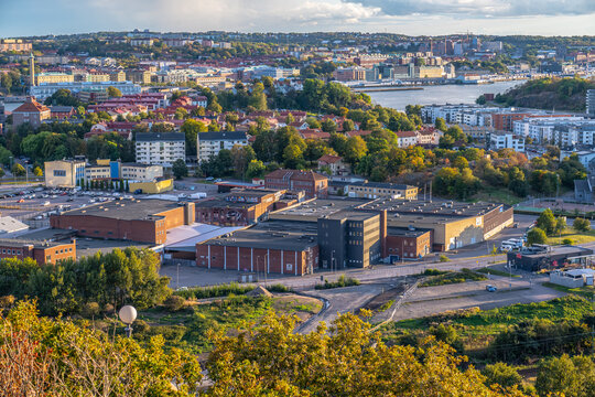 Gothenburg, Sweden - september 18 2022: Industrial buildings at Lindholmen viewed from Ramberget.