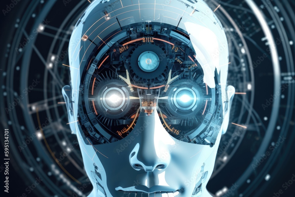 Poster high-tech robots face with a digital interface in the background. generative ai