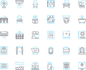 Decor boutique linear icons set. Charming, Elegant, Stylish, Unique, Luxurious, Sophisticated, Rustic line vector and concept signs. Artistic,Vibrant,Contemporary outline illustrations