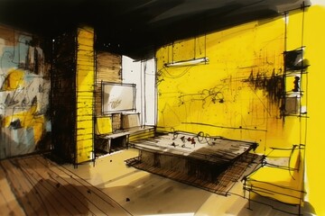 Fototapeta na wymiar cozy living room with warm yellow walls. Generative AI