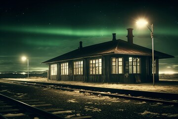 Fototapeta na wymiar illuminated station house directly at the rails created with Generative AI technology