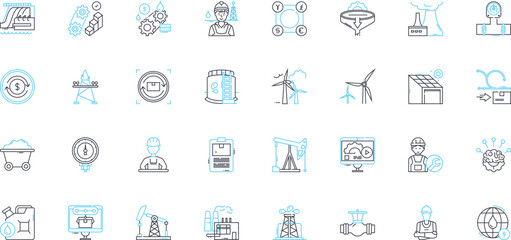 Production linear icons set. Manufacturing, Assembly, Fabrication, Construction, Creation, Development, Generation line vector and concept signs. Mass-production,Output,Production-line outline