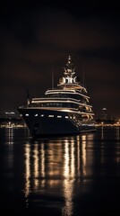Fototapeta na wymiar Superyacht on the water at night. Large and luxurious pleasure vessel. Generative AI.