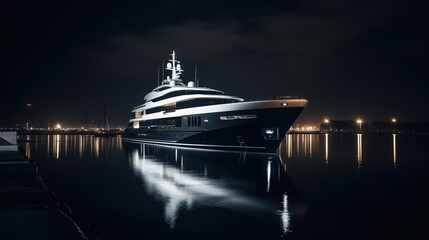 Obraz na płótnie Canvas Superyacht on the water at night. Large and luxurious pleasure vessel. Generative AI.