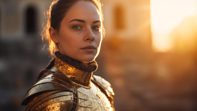 A woman in a gold armor stands in front of a sunset. A beautiful young warrior in golden armor. Generative AI
