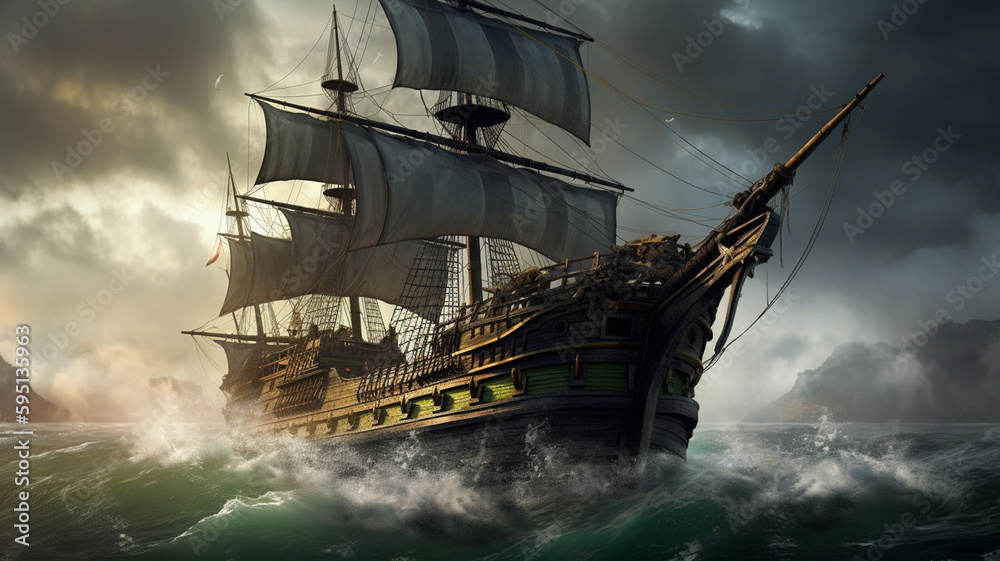 Wall mural An old pirate ship in a storm, ai generative