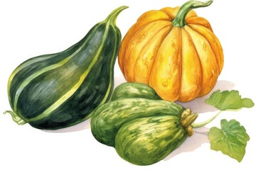 watercolor painting featuring a variety of squash and cucumbers. Generative AI