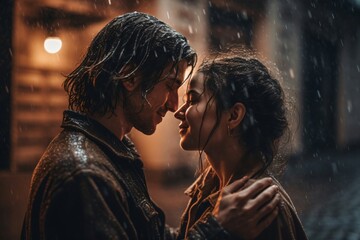 couple in love in the rain created with Generative AI technology