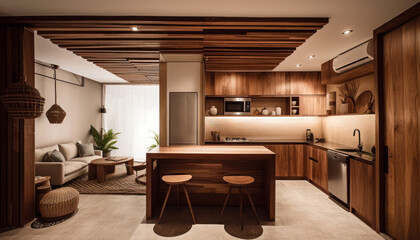 Open kitchen interior design with rustic wood finishes. A kitchen with a wooden table and stools. Generative AI