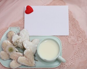 Breakfast for mom, home baking, cookies blank sheet of paper, for greetings, holiday, pink background, wallpaper, card, mother's day, day