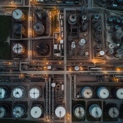 Oil refinery, oil storage tank and oil refinery factory plant at night form industry zone, Oil refinery and petrochemical plant factory. generative ai