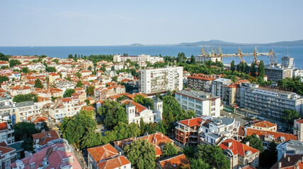 Panoramic aerial view of Burgas city of Bulgaria, an important industrial, transport, cultural and tourist center
