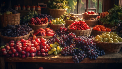 Fototapeta na wymiar Fresh organic fruits and vegetables in wicker basket generated by AI