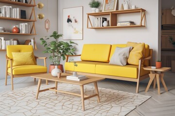 cozy living room with a yellow couch and two chairs. Generative AI