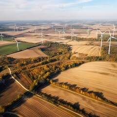 wind turbines in the field. green energy sources. Sunny setting, electricity generator for notion of producing clean energy. generative a