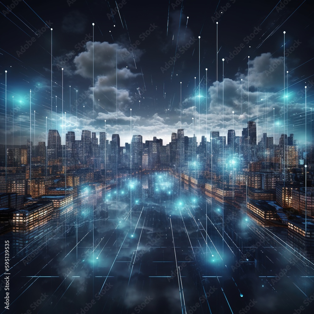 Poster smart city of cyberspace and metaverse digital data of futuristic and technology, internet and big d