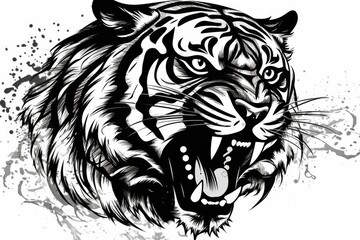 monochromatic tiger head on a plain white background. Generative AI