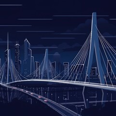Obraz premium Panorama of the city's infrastructure. A substantial cable-stayed bridge. The plane takes off. The highway is deserted. On the background is a night modern city. generative ai