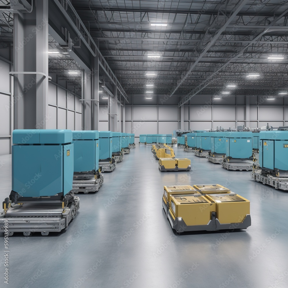 Poster automated robot carriers and robotic arm in smart distribution warehouse. generative ai