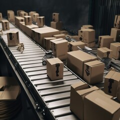 Robots at a conveyor belt packing items into cardboard packages. generative ai