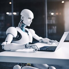 Robot humanoid use laptop and sit at table for big data analytic. generative ai