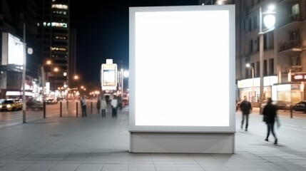 Media Blank white mock up of advertising light box billboard at city background, people walk on street. Generative AI