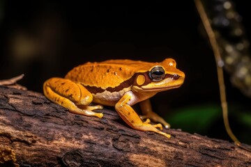 Obraz premium yellow and brown frog perched on a tree branch. Generative AI