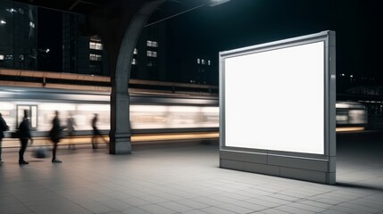 Media Blank white mock up of advertising light box billboard at city background, people walk on street. Generative AI