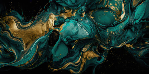Abstract background with marble effect and turquoise and blue curls decorated with gold glitter, modern art. Generative AI