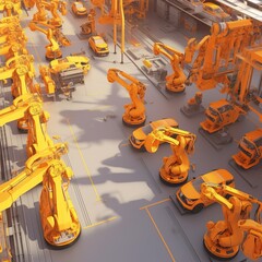  Automated Robot Arm Assembly Line Manufacturing Advanced High-Tech Green Energy Electric Vehicles. Construction. generative ai