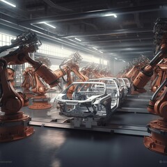Car manufacturing has a cutting-edge conveyor system. Robot arm automated, industrial construction. generative ai