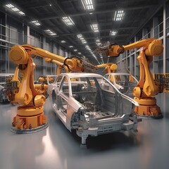 Manufacture Car factory, modern conveyor line. Banner Automated robot arm, Industry construction. generative ai