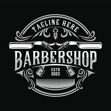 Barbershop vector logo design. Illustration of razor tool with barbers pole, perfect for barber or hair salon
