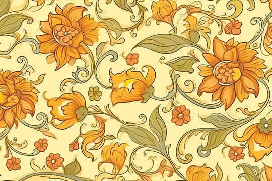 vibrant yellow and green floral pattern with intricate leaves and flowers. Generative AI