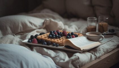 Comfortable bed, fresh berries, coffee for relaxation generated by AI