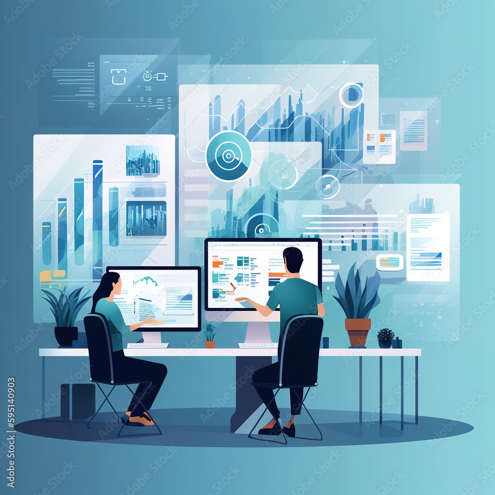 Poster office with digital marketing tools, data analysis code, or collaboration. apps for workers that use