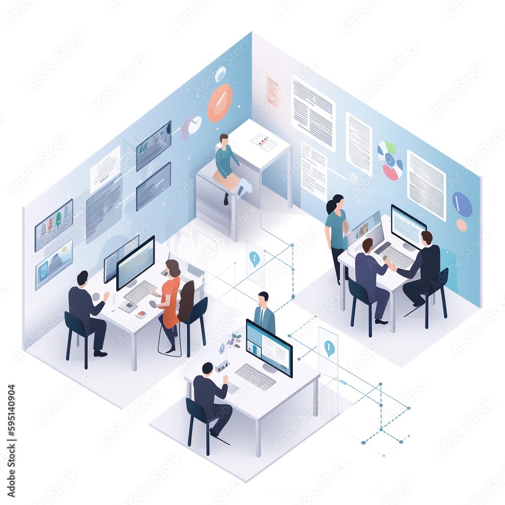 Poster office with digital marketing software, data analysis code, or teamwork. technology, digital transfo