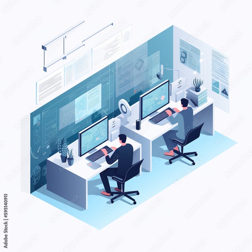 Poster office with digital marketing tools, data analysis code, or collaboration. apps for workers that use