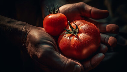 Ripe tomato held by wet hand, freshness captu generated by AI